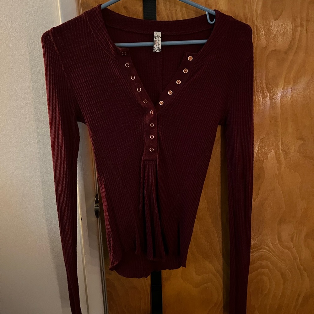 Free People Waffle knit Henley Long-Sleeve Top - Burgundy